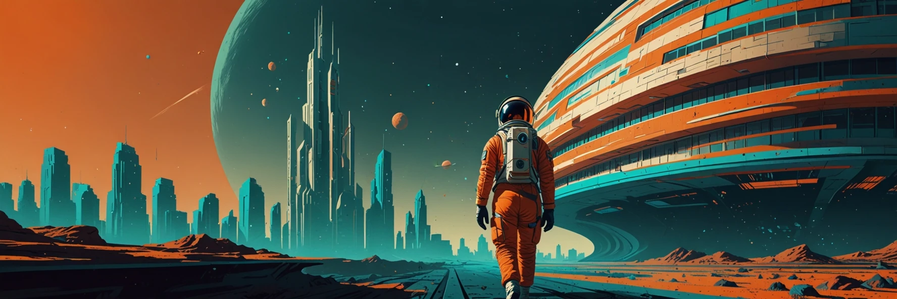 Retrofuturistic architecture in teal and orange beneath an alien planet